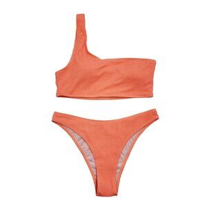 Womens Coral One-Shoulder Textured Swimsuit Bikini Set  Size L